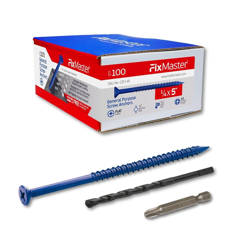 FixMaster 1/4 x 5 Countersunk Phillips Flat Head Blue Concrete Screw Anchors (100 pcs Screw Kit) with one Screwdriver and Drill Bit for Concrete, Masonry, Block, Brick and Wood Fastening - Image 1